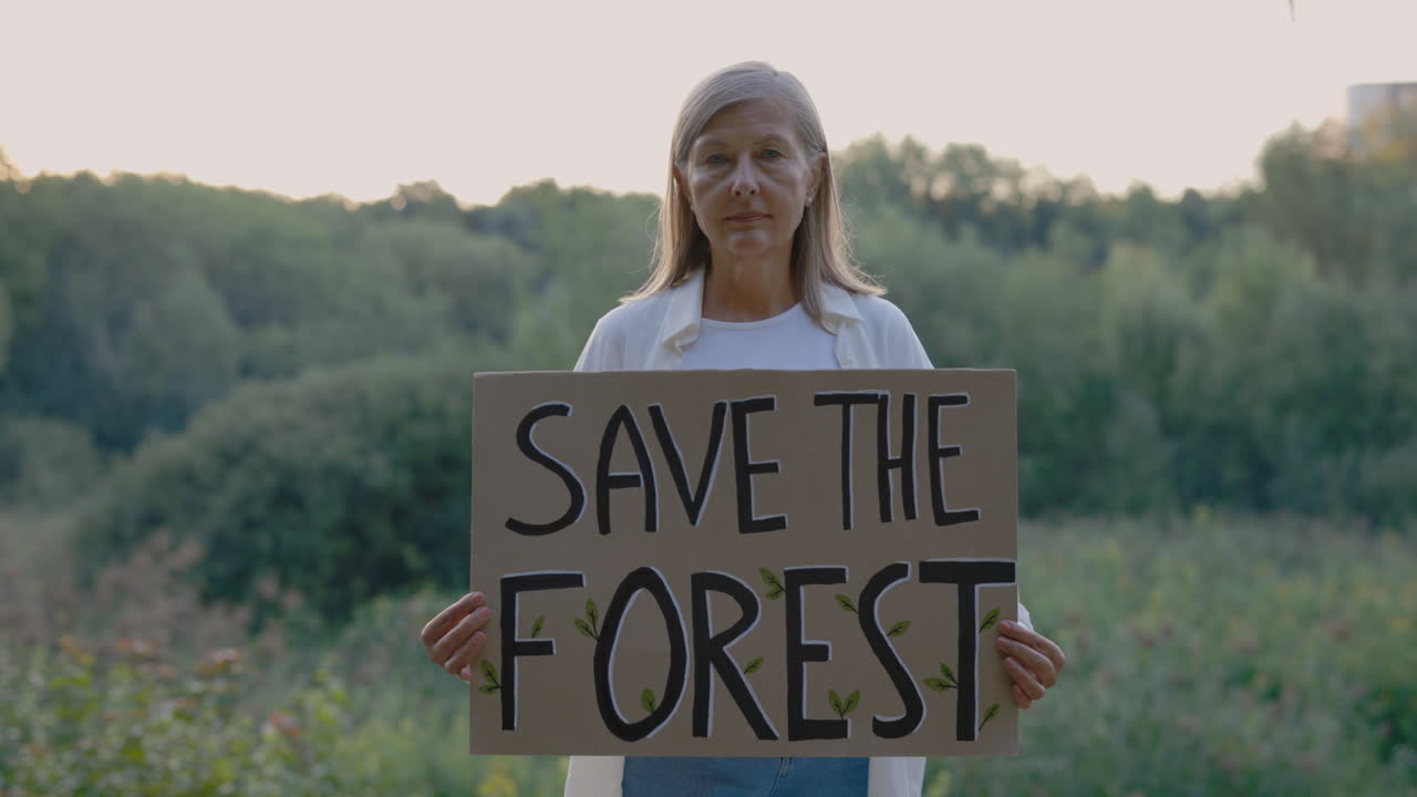 「Save the Forest」のサインを持つ女性