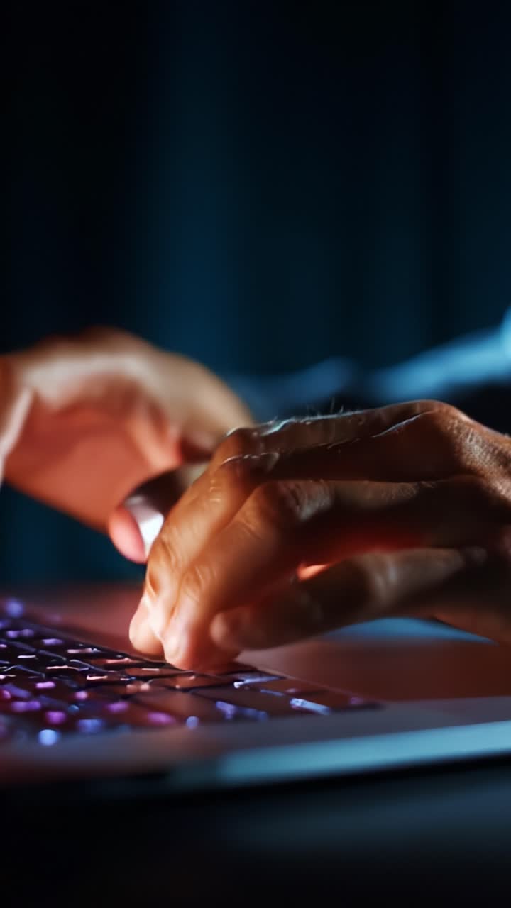 Engagerede fingre der skriver på et laptop-tastatur i et svagt oplyst rum, der skildrer fokus og produktivitet i den digitale verden med glødende taster og intens koncentration