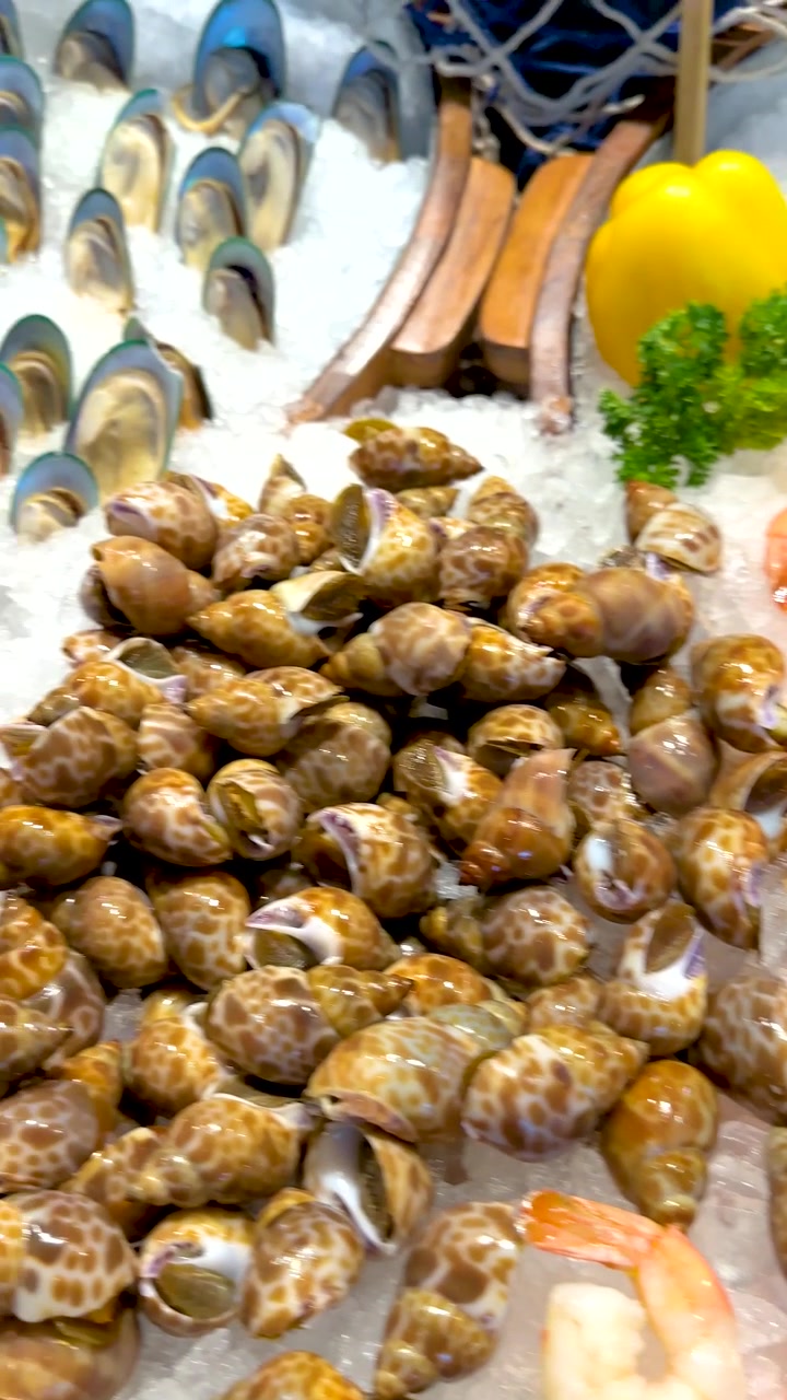 A vertical panning shot reveals chilled shrimp, spotted sea snails, and mussels on crushed ice
