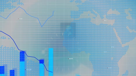 animation of interface with graphs and statistics with glowing world map on blue background