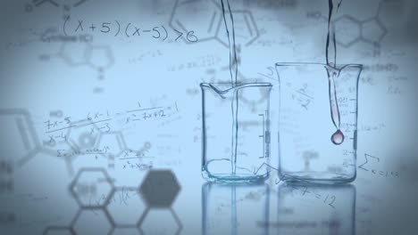 animation of chemical compound structures and formulae against laboratory beakers