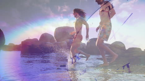 two men jumping into shallow water, illustrating tech marketing with clock overlay and rainbow glow
