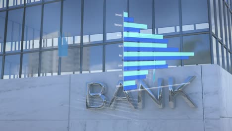 digital animation of statistical data processing over bank building in background