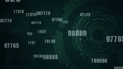 Animation of digital numbers and circular patterns creating futuristic data visualization