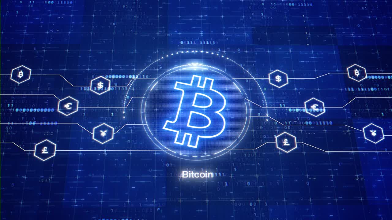 비트코인 애니메이션 로고: btc 암호화폐의 애니메이션, 디지털 세계에서의 암호화, 중앙은행 없이 분산된 디지털 화폐