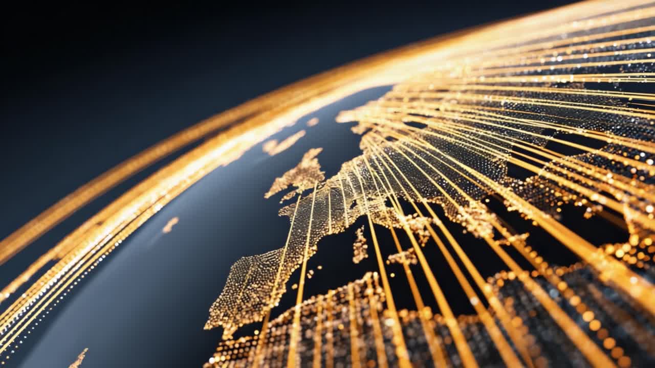 Fantastisk digital representation av jorden med upplysta linjer och geografiska konturer, vilket framhäver uppkoppling och nätverksteknik i ett globalt sammanhang