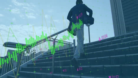 animation of financial data processing over asian businessman walking stairs