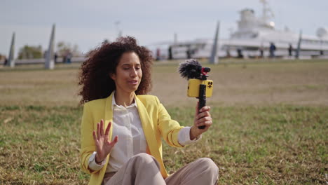 woman vlogging outdoors