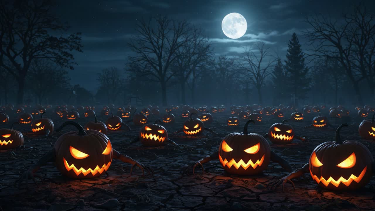 A Spooky Landscape Filled with Menacing Jack-o'-Lanterns Under a Full Moon, Eerie Shadows and Gnarled Trees Create a Haunting Atmosphere Perfect for Halloween Night