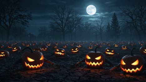 a spooky landscape filled with menacing jack-o'-lanterns under a full moon, eerie shadows and gnarled trees create a haunting atmosphere perfect for halloween night