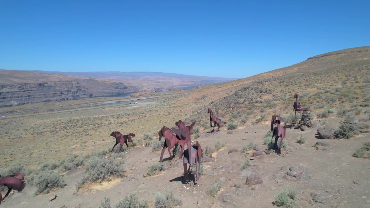 Drone flyover of Wild Horses Monument at the Columbia River Gorge