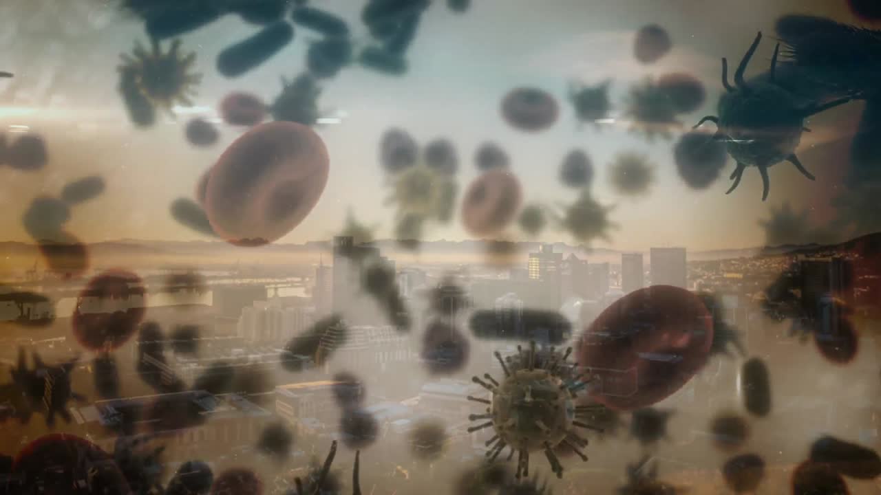 Animation af coronavirus med by i baggrunden