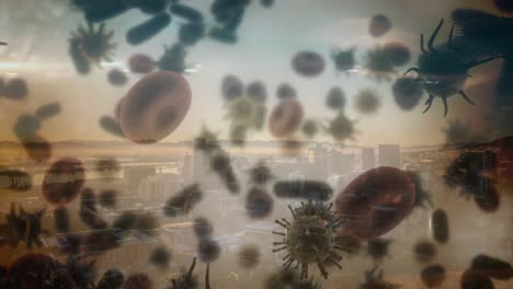 animación del virus de la corona con la ciudad en el fondo