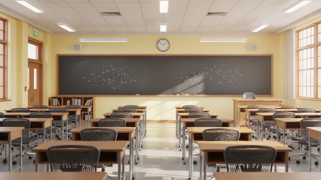 A Bright and Welcoming Classroom Environment Filled with Desks and Chairs, Featuring a Large Chalkboard with Educational Diagrams Ready for Learning