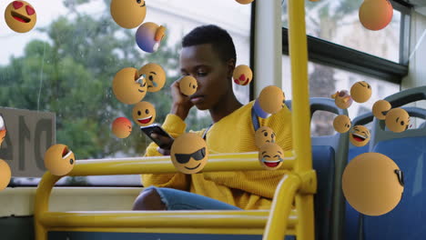 emoji icons with a woman using smartphone in the background 4k