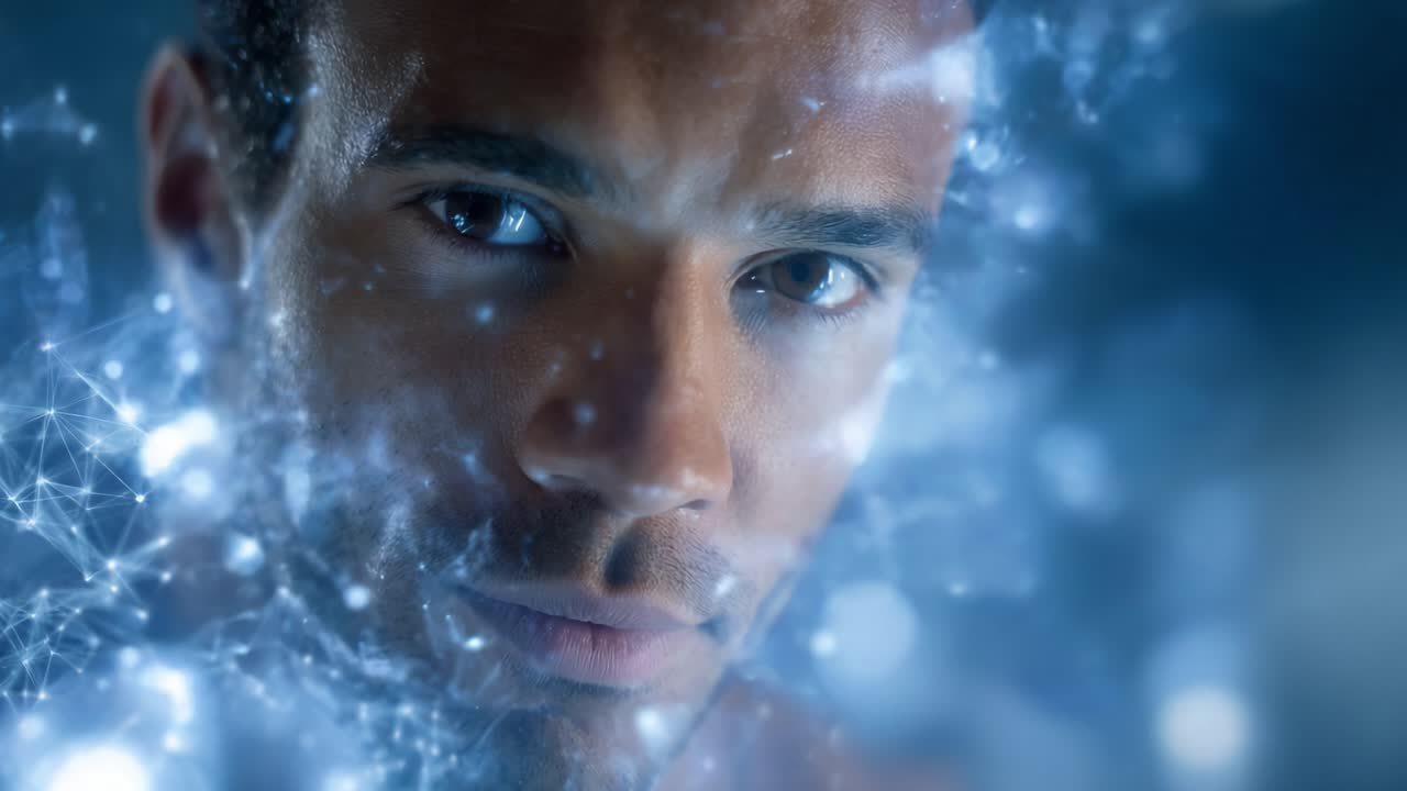 A close-up view of a man's face focused on bright and shimmering lights, suggesting a connection with technology and digital innovations in a futuristic setting