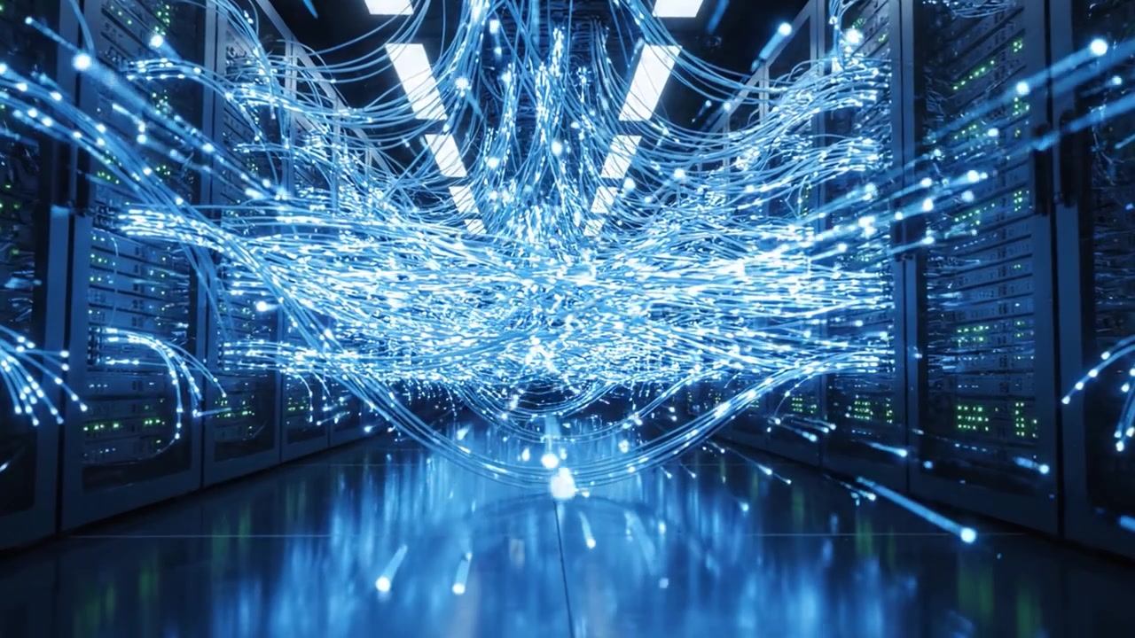 A Futuristic Data Center with Interconnected Fiber Optic Cables Creating an Illuminated Pathway, Showcasing Advanced Technology and Modern Infrastructure