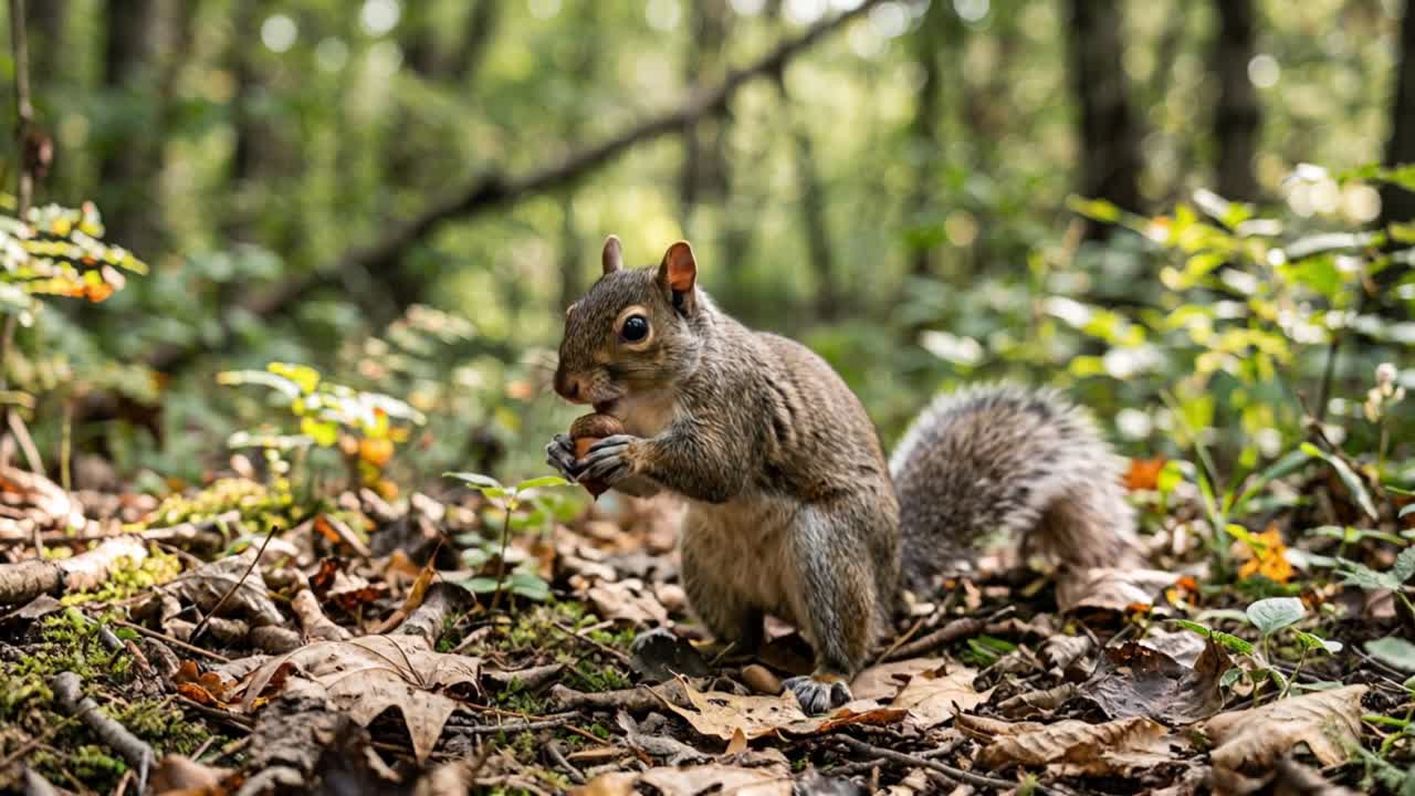 Scoiattolo in piedi sul suolo della foresta che tiene una ghianda, circondato da fogliame verde e luce naturale.