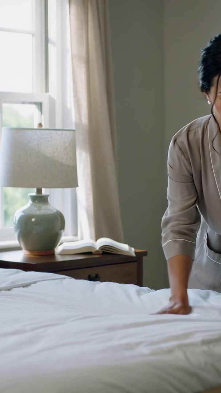 Video verticale: Luce solare dalla finestra che illumina una donna in vestaglia che sistema il piumone in camera da letto, con spazio per il testo.