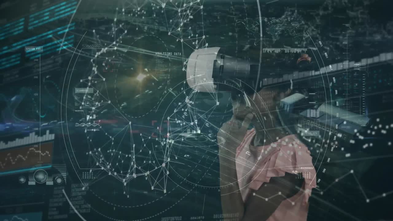 vr 헤드 ⁇ 을 착용한 소녀를 통해 연결 네트워크의 애니메이션