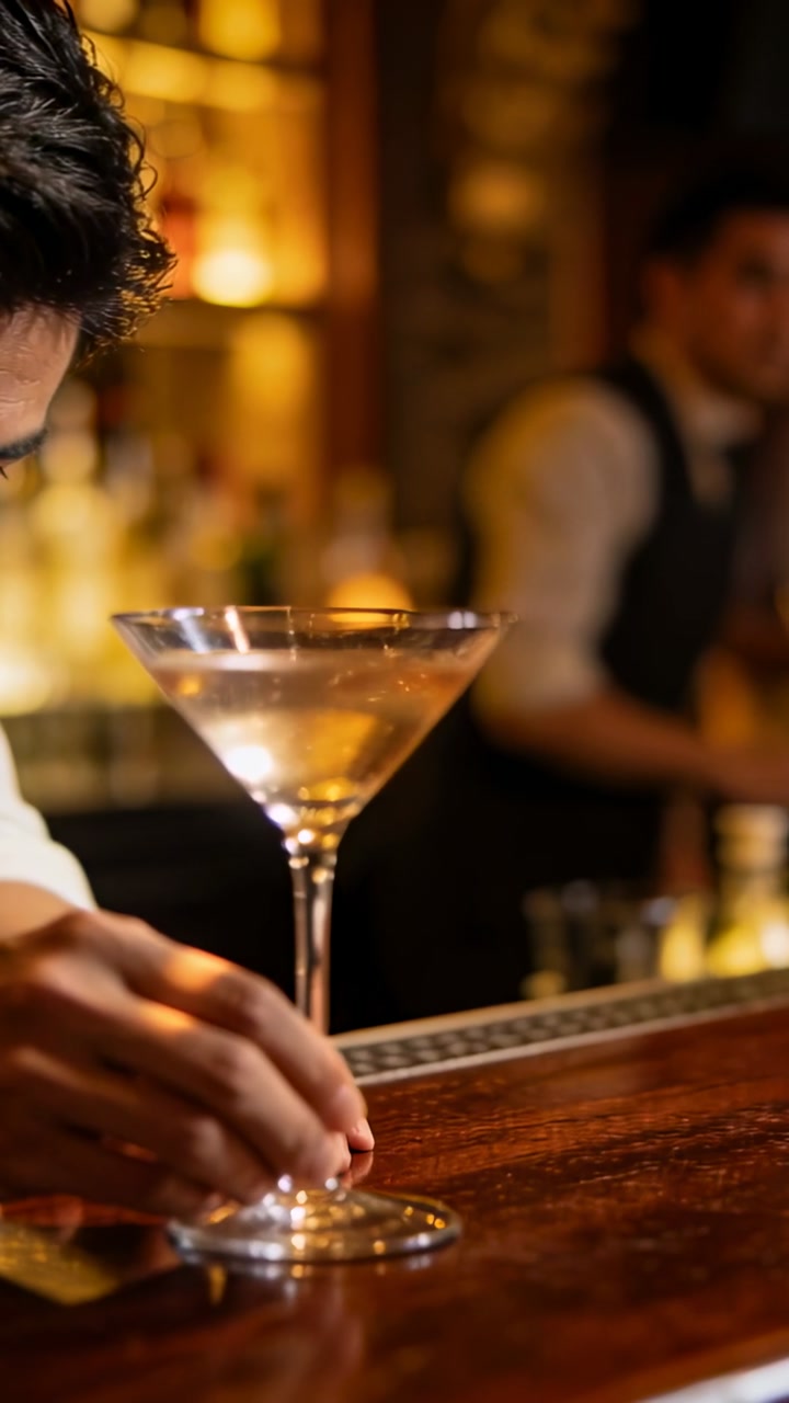 Vertical video: Reaching patron in light shirt adjusting martini glass on wood bar awaiting server