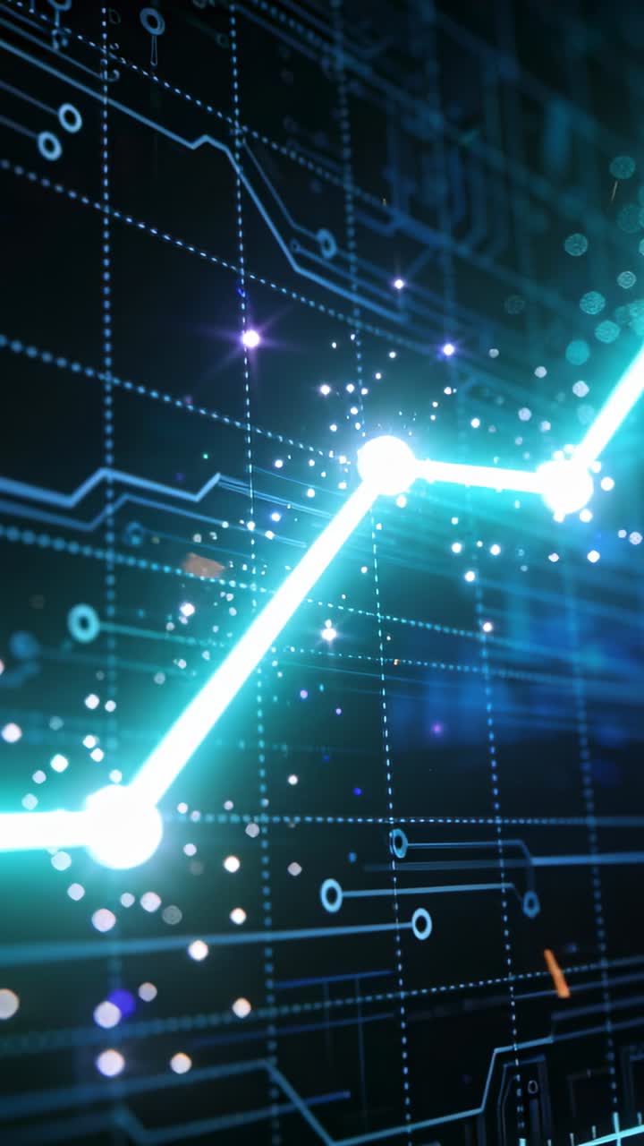 Cyan trendline starting ascent from lower-left, pulsing nodes and showing upward tech trend