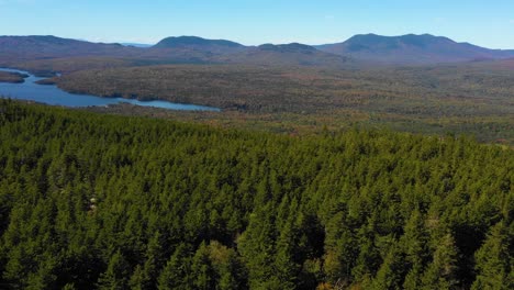 aerial drone shot over lush green forest revealing vibrant autumn colors over the ridge and a still forest lake in the maine wilderness