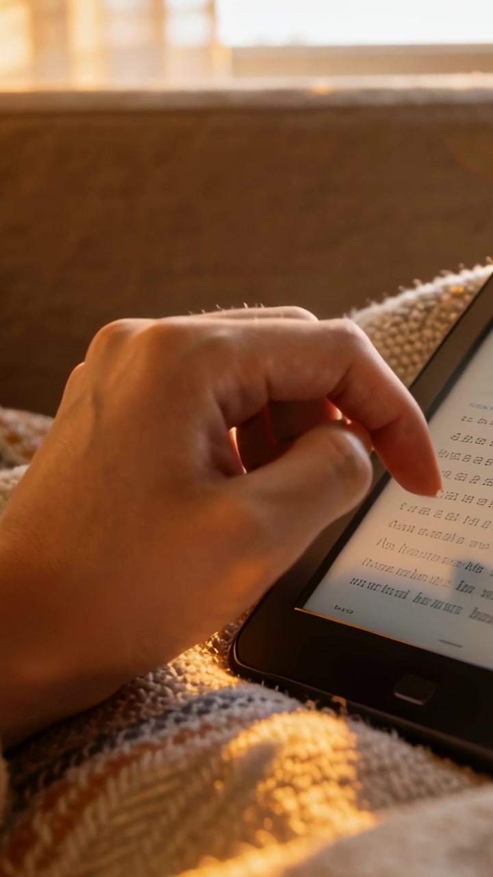 Vertical video: Lifting right hand, knit arm tapping tablet on blanket on couch, navigating text