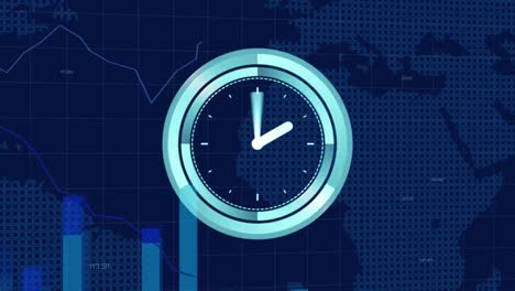 Digital-clock-icon-statistical-data-processing-against-world-map