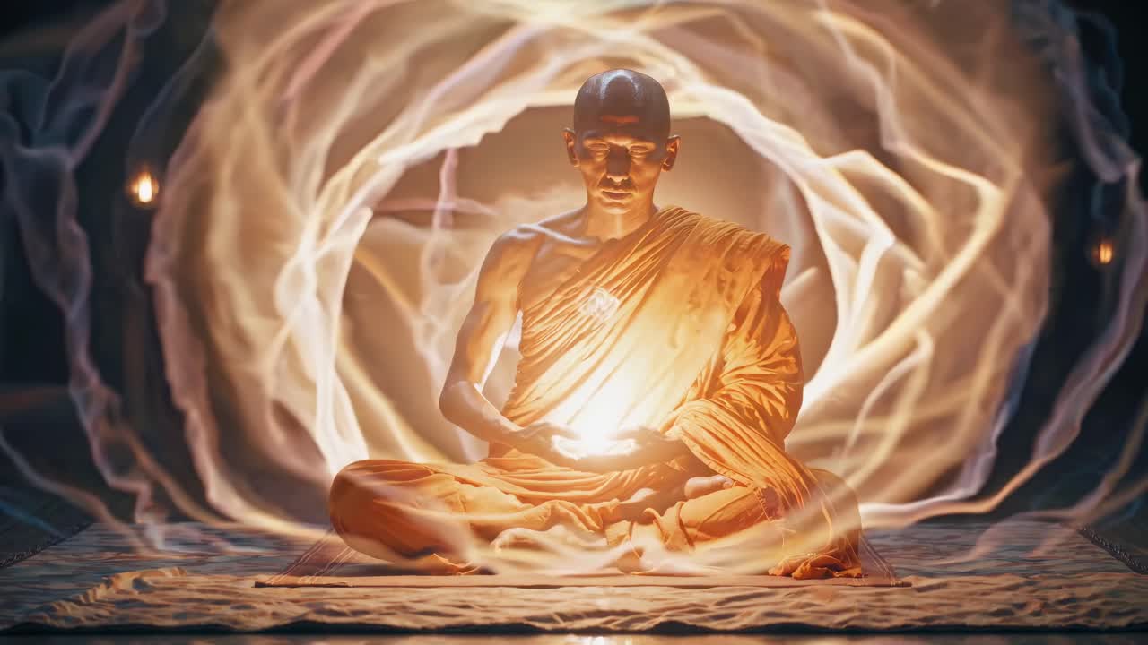 A monk in orange robes meditates, holding a glowing orb
