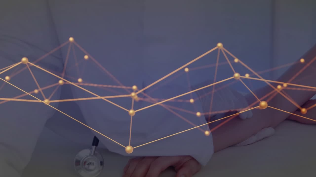 Network forming over medic lying on exam bench pulsing golden net mapping stethoscope for diagnosis