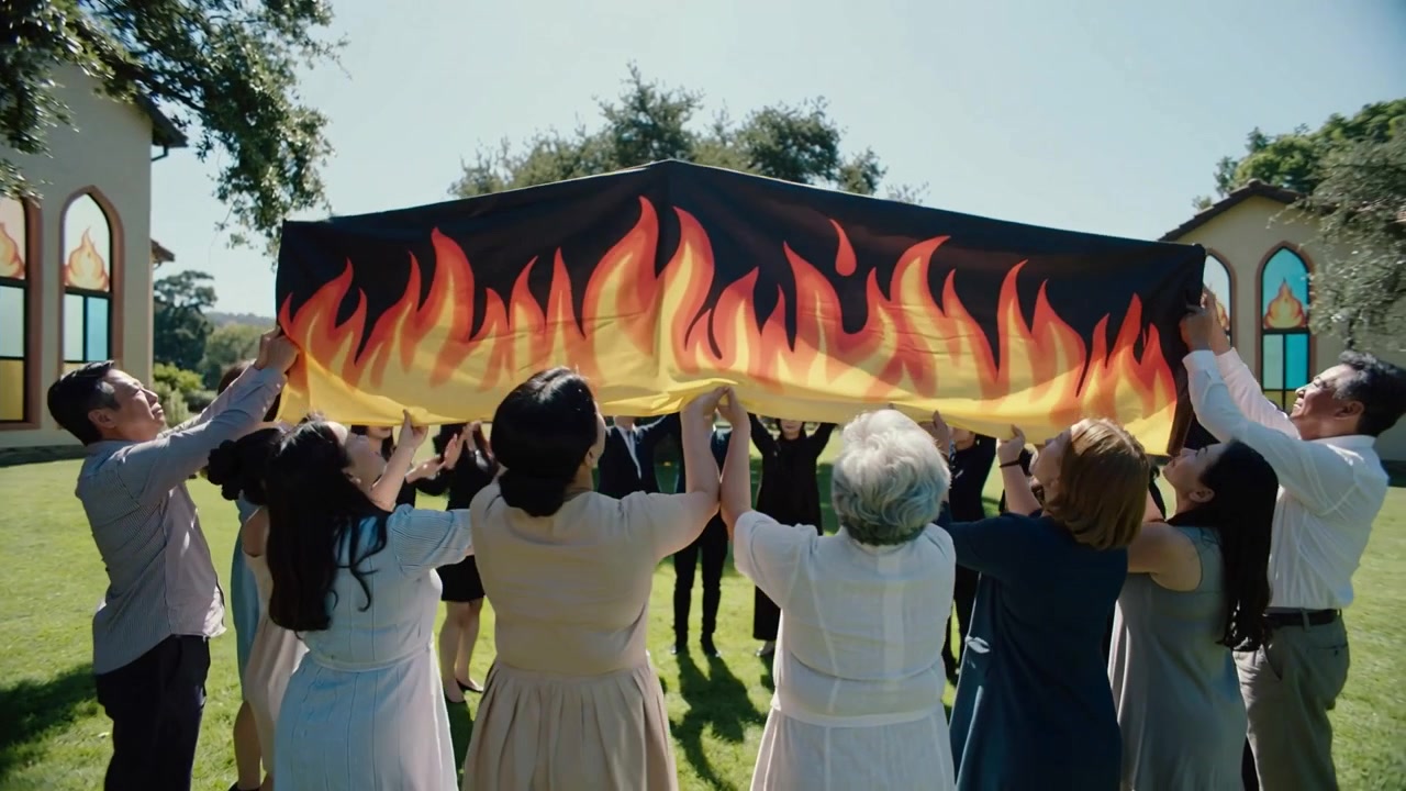 En gruppe voksne i kjoler rejser sig på signal og løfter et flammebanner mellem kapeller til gudstjeneste.