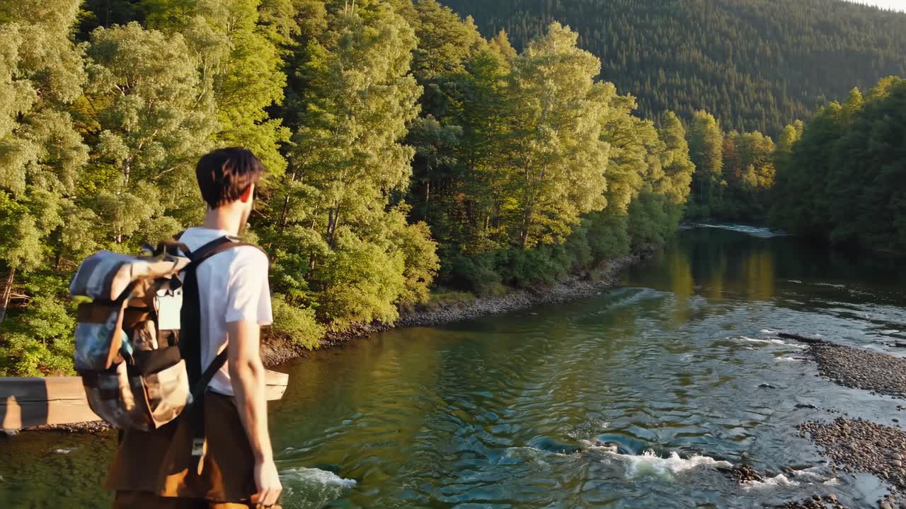 Aerial video shot of a hiker with a backpack overlooking a serene river surrounded by forest video