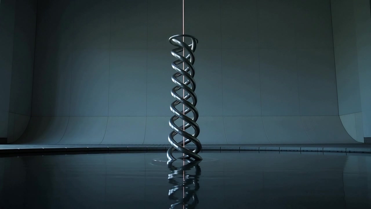 Sequence starting metal helix growing under thin rod in gallery, revealing full height