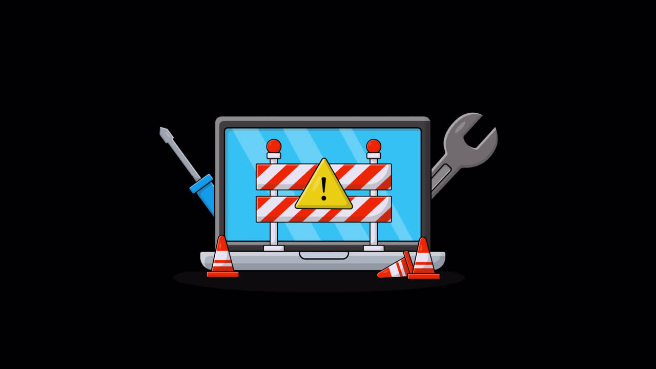 Animated Laptop with Maintenance Tools and Warning Barrier