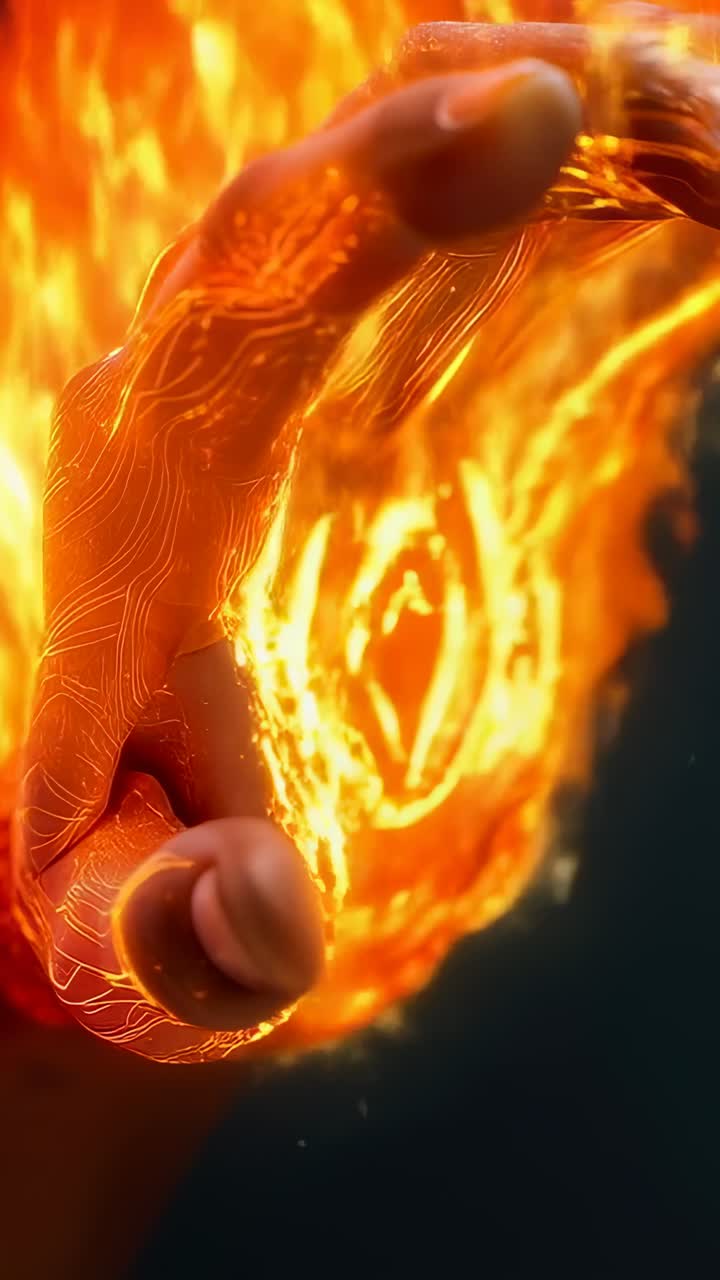 Vertical video: Glowing lines guiding hand turning fingers curling in studio, showing fiery core
