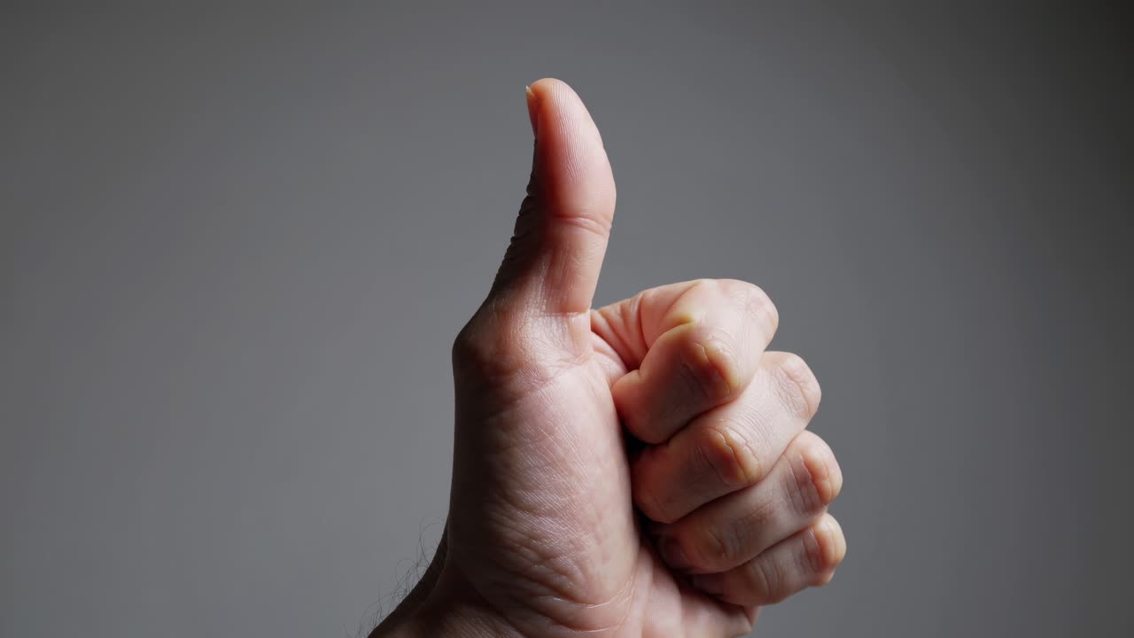 Video ravvicinato di una mano che fa un gesto di approvazione su uno sfondo neutro, ripreso lateralmente