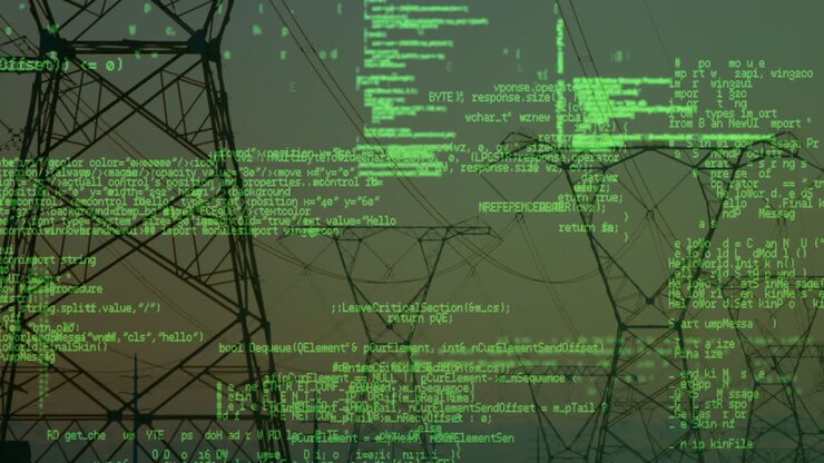 Animation of data processing over pylons and sky