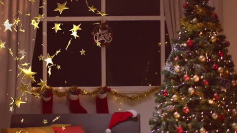 animación de estrellas de navidad cayendo sobre la ventana y el árbol de navidad