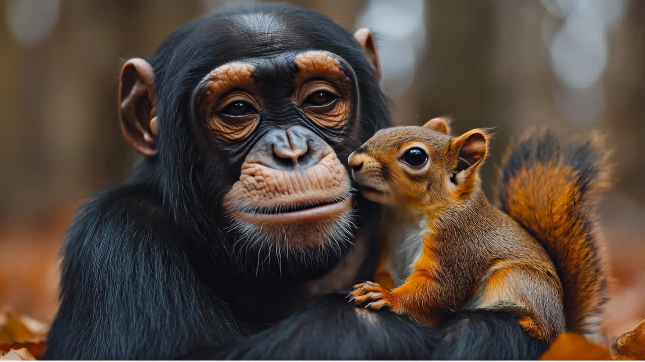 Chimp and squirrel share peace. A chimpanzee relaxes peacefully with a squirrel, both enjoying a serene moment in a forest filled with autumn leaves