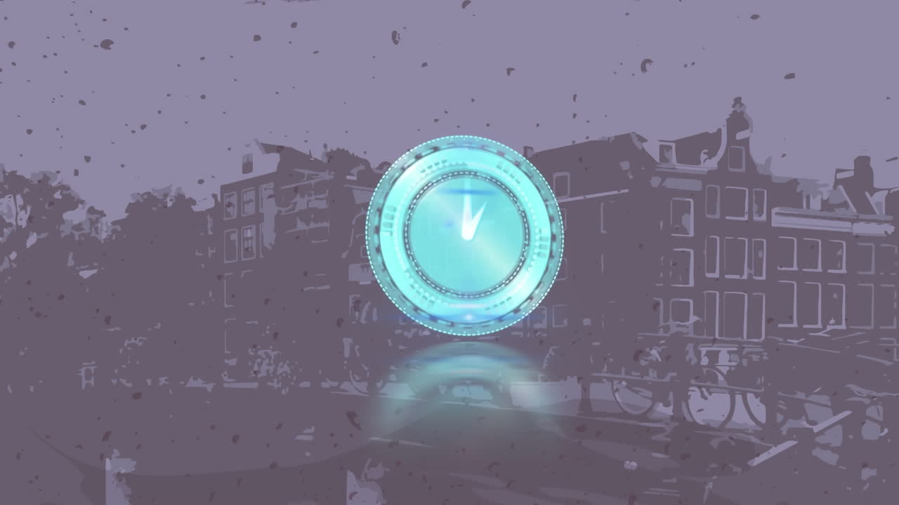 Animation of circular scanner with clock face rotating over vintage street scene