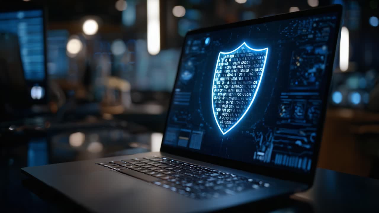 A Digital Shield Representing Cybersecurity on a Laptop Display, Symbolizing Protection and Data Security in an Advanced Technological Environment
