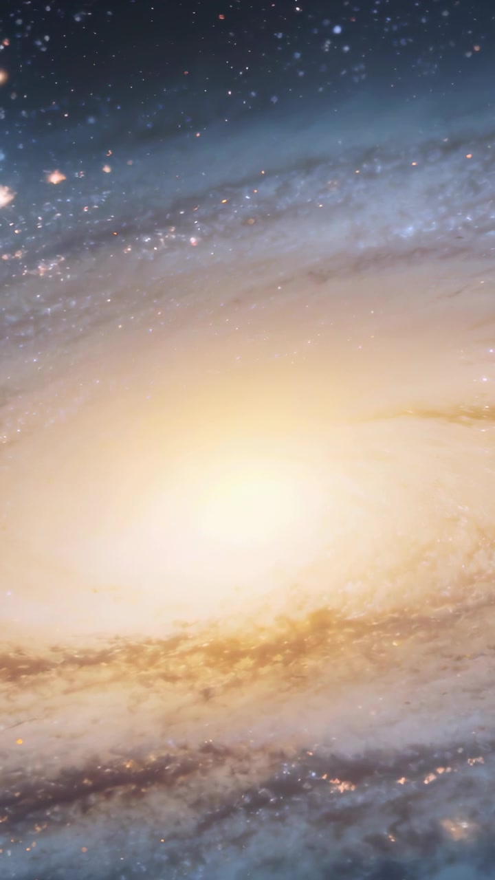 Vertical video: Panning causing spiral galaxy showing core, dust lanes and stars moving in space