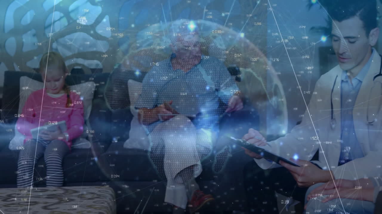 Consulting with elderly patient and child, doctor using animation for digital data