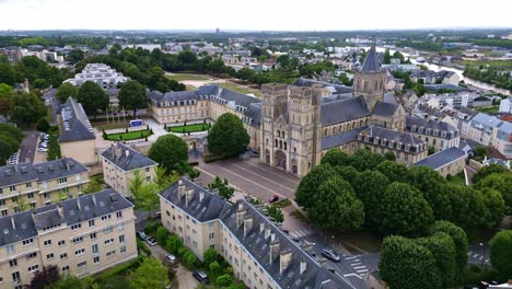 receding aerial movement from the ladies abbey of sainte-trinité entrance, caen, france