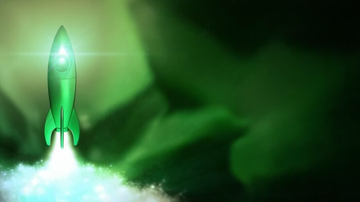 Animated green rocket taking off with a powerful blast of white smoke, exhaust flames, and sparkling particles against a dark, abstract background with lens flare, symbolizing growth and success
