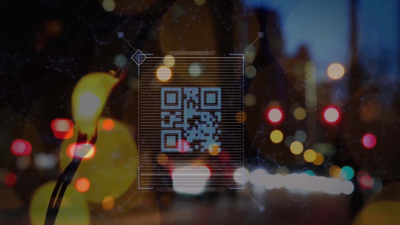 animación de escaneo de código qr en cuadrado sobre puntos conectados y vehículos borrosos en la calle