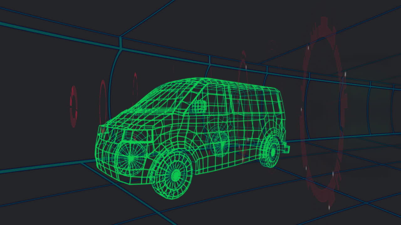 In animation, green wireframe van model traveling through digital tunnel environment