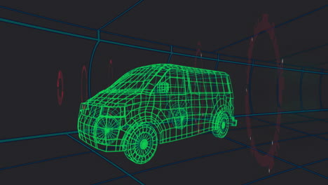 in animation, green wireframe van model traveling through digital tunnel environment