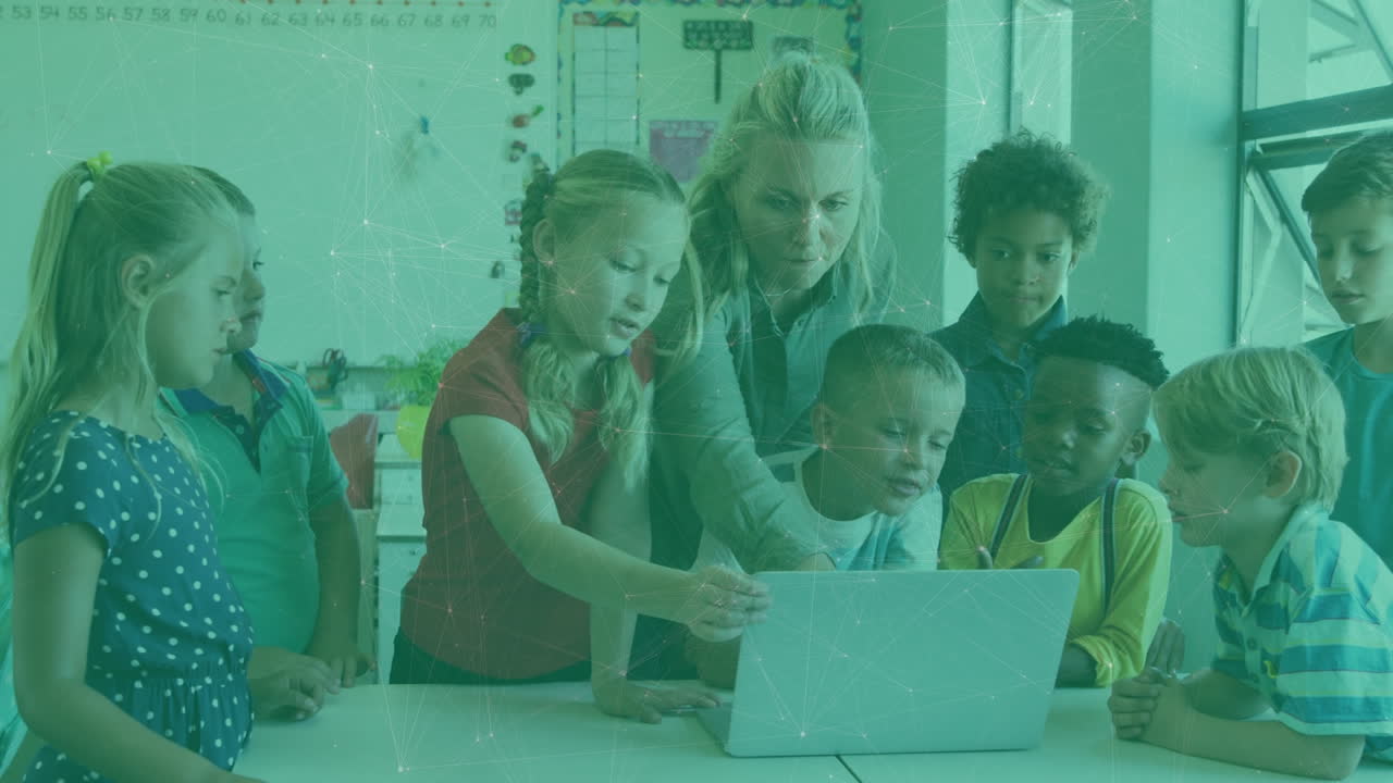 Network of connections against caucasian female teacher teaching to use computer to kids at school